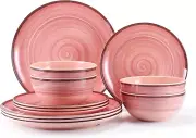 12Pcs Melamine Dinnerware Set, Plates and Bowls Sets for 4, Pink Color Dinner...