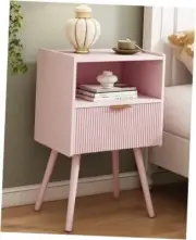 Nightstand,Modern Bedside Table with Storage Drawer and Open Wood Shelf, Pink