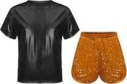 [FEESHOW] Girls Metallic Dance Outfit Shiny T-Shirts with Sequins Shorts Glitter Hip Hop Costume Set Tracksuit Dancewear