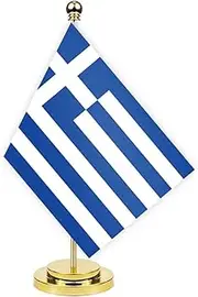 Greece Desk Flag,12 inch Tall Small Greek Indoor Banner,Tiny Printing Decor For Office Home Table Meeting With Golden Metal Pole Base