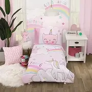 Everything Kids Caticorn Girl Power Pink White with Pastel Rainbows White Clouds 4Piece Toddler Bed Set, Pink, Aqua, Lavender, Yellow