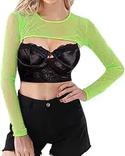 [WILDPARTY] Women Fishnet Top Long Sleeve Crop Top Fishnet Shirt Casual Sexy Sheer Mesh Top