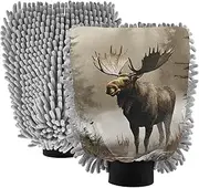 XYMZR Retro Moose Tree Landscape Absorbent Microfiber Car Wash Mitt, Funny Cute Anime Scratch Free for Cars Cleaning, Home Cleaning Mitts, 2 Pack, 10.24” L x 7.09” W