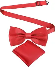 [Ptwola] 2pcs Bow Ties for Men Solid Color Pre-Tie Bow Tie & Pocket Square Classic Formal Tuxedo Bowtie Handkerchief for Wedding Party, Red
