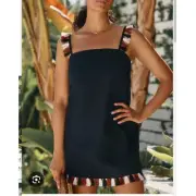 NEW Anthropologie Hartley Shift Mini Dress Fringe Trim Black Women's Large