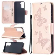 For Samsung Galaxy S21+ Plus Case Butterflies Emboss Folio PU Leather Wallet Cover, Kickstand, Lanyard, Rose Gold
