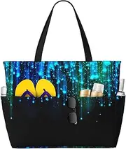 [Ghjkfbf] Blue Line Print Large Capacity Beach Travel Bag For Family, Beach Tote Bag For Women With Zipper Pockets, Black, One Size