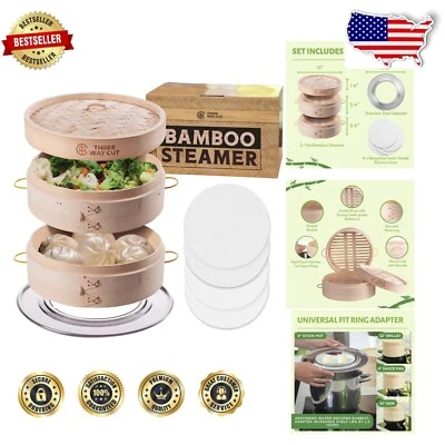 10-Inch Multi-Use Bamboo Steamer Set with Ring Adapter & Heatproof Handles