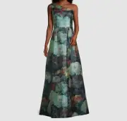 $795 Aidan Mattox Women's Green Floral Asymmetrical Neck Ball Gown Dress Size 4