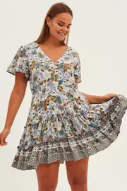Green Boho Fit And Flare Dress Short Sleeve Button Front