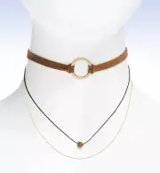 PANACEA 2 Strand Brown Suede & Hammered Ring Layered Choker Drusy Charm Necklace
