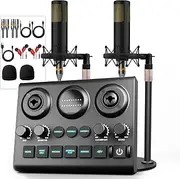 Podcast Equipment Bundle for 2, Audio Mixer with Dynamic Microphone, 48V Phantom Power, Voice Change, for Recording, Streaming, Gaming, Tiktok, PC, Smartphone, Guitar