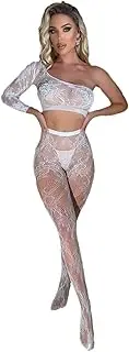 [Tender Whisper] Women's Babydoll Figured Pattern Fishnet Stretch Bodysuits One Shoulder Top+Tight Lingerie Set Club Outfits