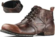 [OSSTONE] Moto Boots for Men Fashion lace-up Leather Chukka Boots Casual Shoes OS-6015-2-retro-brown-US-R