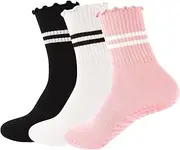 [ANLIOTO] 3 Pairs Yoga Socks with Grips, Non Slip Ruffle Pilates Socks Frilly Crew Socks for Barre Barefoot Workout Hospita (Black, White, Pink), Black, White, Pink, One Size