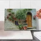 Tuscan Cutting Board, Begonia Blossoms in Box Window Wooden Shutters Brick Wa...