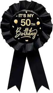 It's My 50th Birthday Tinplate Badge Pin Black Satin Fabric 50 Year Old Birthday Themed Button Pin Party Decorations Award Ribbon Badge, 50, Plastic, no gemstone