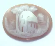 NOS Antique Hand Carved Oval Shell CAMEO Stone House & Tree Scene #N446