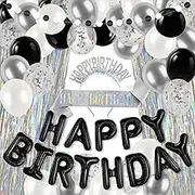 Birthday Party Decoration Set with Happy Birthday Balloons Confetti Balloons Birthday Headband Birthday Shoulder Strap Black and White Round Flag Banner Curtain