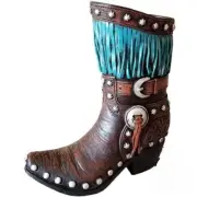 Boot Vase with Turquoise Fringe New Polyresin 7 1/2 x 5 x 2 1/2 inches