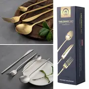 24PCS Matte Silver/Brushed Yellow Gold Stainless Steel Cutlery Set Dining Tableware Knife Fork Spoon Gift Box New
