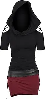 [Generic] Long Bridesmaid Dress Women Daily Autumn Casual Short Sleeve Lace Up Pullover Dress Hooded Contrast Two Tone Cinched Slim Mini Dress Ladies Dress Summer