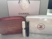 New Chanel 3 Pc Holiday Set Mascara Make up O Case Red Gold Tweed Bag CHRISTMAS