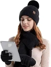 [QionWon] Woolen Hat Scarf Gloves Set Girls Knitted Hat Scarf Gloves Set Fashion Accessory Keep Warm Ear Protection Cozy Big Fur Ball 1 Set