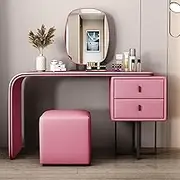 Faux Leather Vanity Set， with Stool & LED Mirror，3 Lighting Colors，Vanity Desk with Drawers，Makeup Vanity Desk for Bedroom Girls Women(Pink,80cm*48cm*73cm)