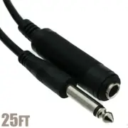 25Ft 1/4" 6.35mm Mono Male to Female M/F Jack Microphone Mic Cable Black Cord