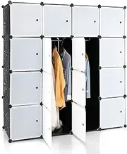 Giantex 16-Cube Storage Organizer, DIY Modular Closet Storage Cabinet with Hanging Poles for Clothing, Portable Plastic Storage Shelf, Bookshelf, for Home, Office, Bedroom (Black)