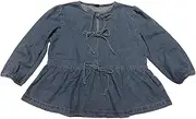 [CIMUK] Women Denim Tops Tie Front Puff Sleeve Ruffle Hem Peplum Blouse Jean Shirts