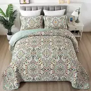 Bohemian Quilt Set Green Boho Quilt Set King Quilt Coverlet Set Bedding Set With