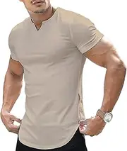 [TrndTrsure] Men's Running Work Short Sleeve Fit Male Exercise Stretch Tee Top Muscle Slim V-Neck Longline Henley Shirt, Apricot, Large