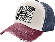 [YANYU] Checkered Flags Race Flags Print Fashion Washed Distressed Baseball Cap Vintage Adjustable Hat with Classic Brim, Navy and Red, One Size