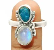 Natural Rainbow Moonstone & Apatite 925 Sterling Silver Ring Sz 7 @B8-5