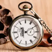 Bronze Pocket Watch Open Face Men's Mechanical Hand Winding Timepiece with Chain