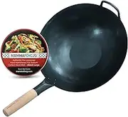 Mammafong Large Flat Bottom 16-inch Traditional Carbon Steel Wok Pan - Authentic Hand Hammered Woks and Stir Fry Pans - Pow Wok with no Chemical Coating