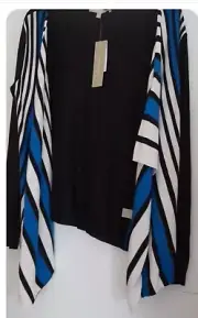 Joan VassNWT $88 M Women's Blue Black White Draped Open Front Cardigan