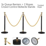 3x Queue Barriers + 2 Ropes Crowd Control Stanchion Bollards (TWISTED GOLD ROPE)