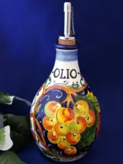 Tuscany Italy Italian Pottery Grapes Scrolls Olive Oil Bottle Dispenser 13 oz