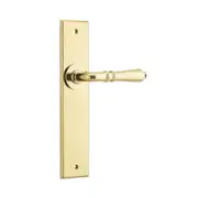 Iver Sarlat Door Lever Handle on Chamfered Backplate Polished Brass