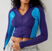 UO OFU Hilary High Neck Long-Sleeve Shirt Top Tee Cropped 1/4 Zip Blue S NWT.$50