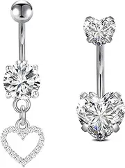 [FECTAS] 2pcs Belly Button Bars Silver Gold Belly Bar Surgical Steel 14G Heart Dangle Navel Bars Belly Button Piercing Jewellery