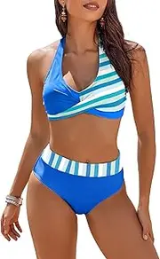 [AI'MAGE] Women's High Waisted Bikini Sets Tummy Control Swimsuits 2025 Two Piece Bathing Suits Color Block Halter Swim Suits