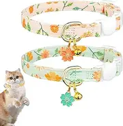 Cotton Breakaway Cat Collars with Bell,Beige and Green Flowers Pendant, Cute for Kittens(2PCS)