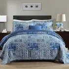 QUEEN Bed Quilt Set Soft Cotton Bedspread Reversible Bohemian Patchwork Coverlet