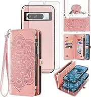 [Asuwish] Phone Case for Google Pixel 8 Pro 5G Zipper Wallet Detachable Cell Cover with Tempered Glass Screen Protector Strap Flower Card Holder Slot Pixel8Pro Pixel8 XL Eight 8Pro Women Girls Rose Gold