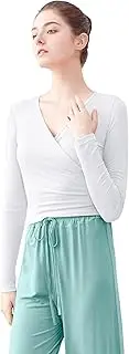 [Lovdaswi] Women's Yoga Dance Crop Long Sleeve Blouse Adult V Neck Front Cross-Back Lace-up Top