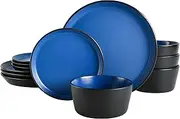 Gibson Elite Soho Lounge Reactive Glaze Stoneware 12-Piece Dinnerware Sets, Coupe, Matte Blue